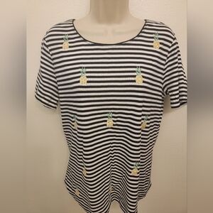 Karen Scott Striped Short Sleeve T-Shirt with Pineapple Details